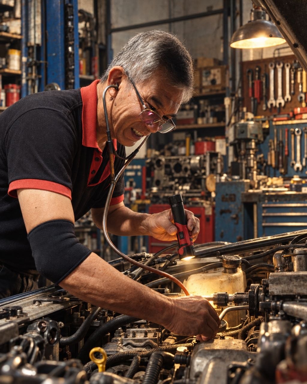 Eric working on a vehicle engine in the workshop