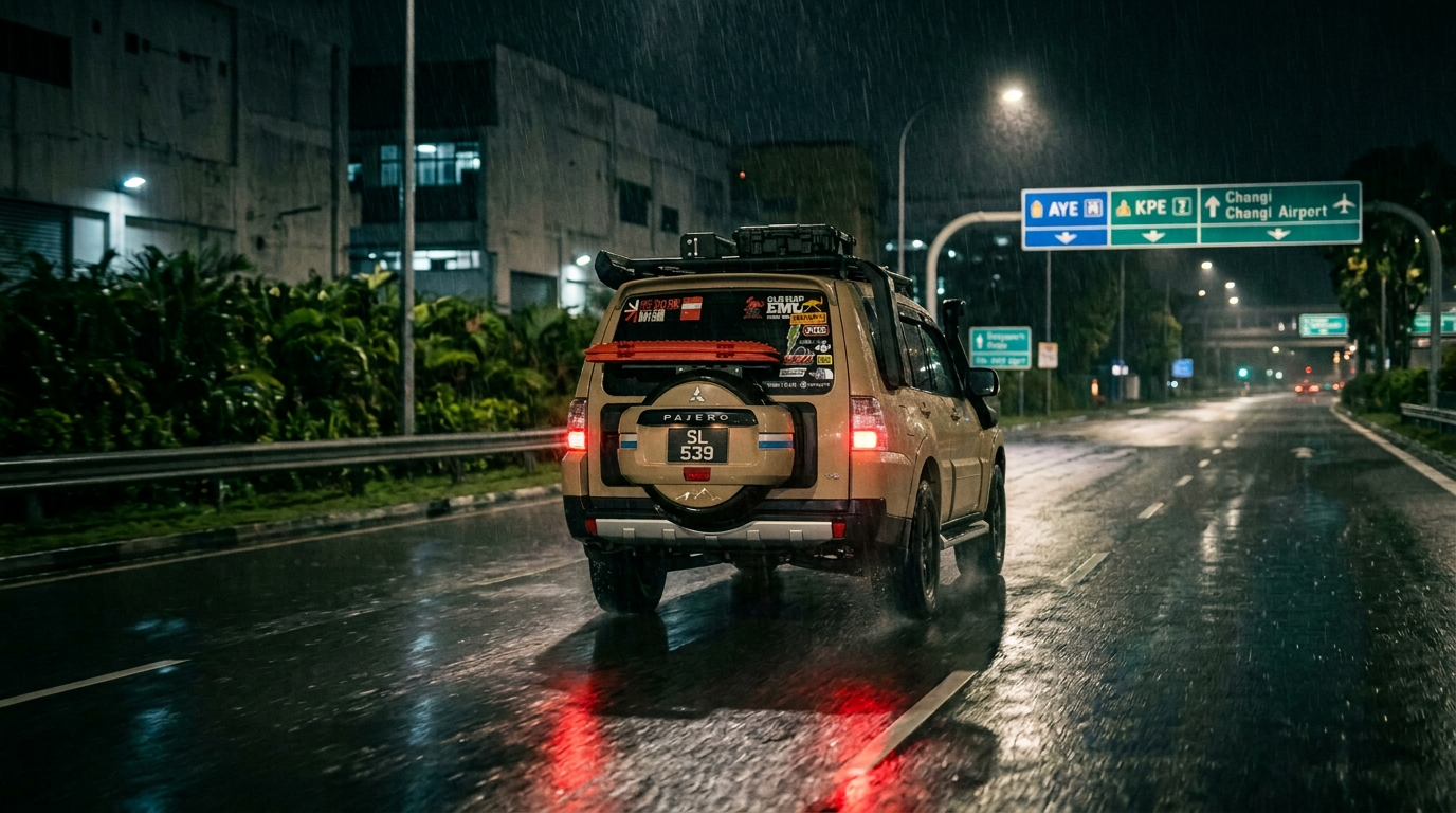 Sand-coloured overland-prepared Mitsubishi Pajero on a wet Singapore expressway at night